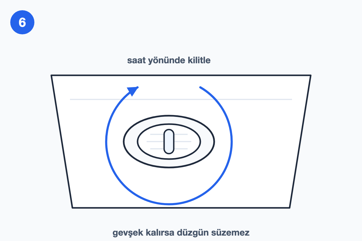 Filtreyi yerine tam oturacak şekilde takıp saat yönünde kilitle — adımı gösteren çizim