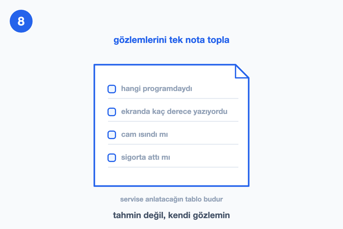 Not kâğıdı çizimi: hangi program, ekrandaki derece, camın ısınması ve sigorta için dört satırlık gözlem listesi