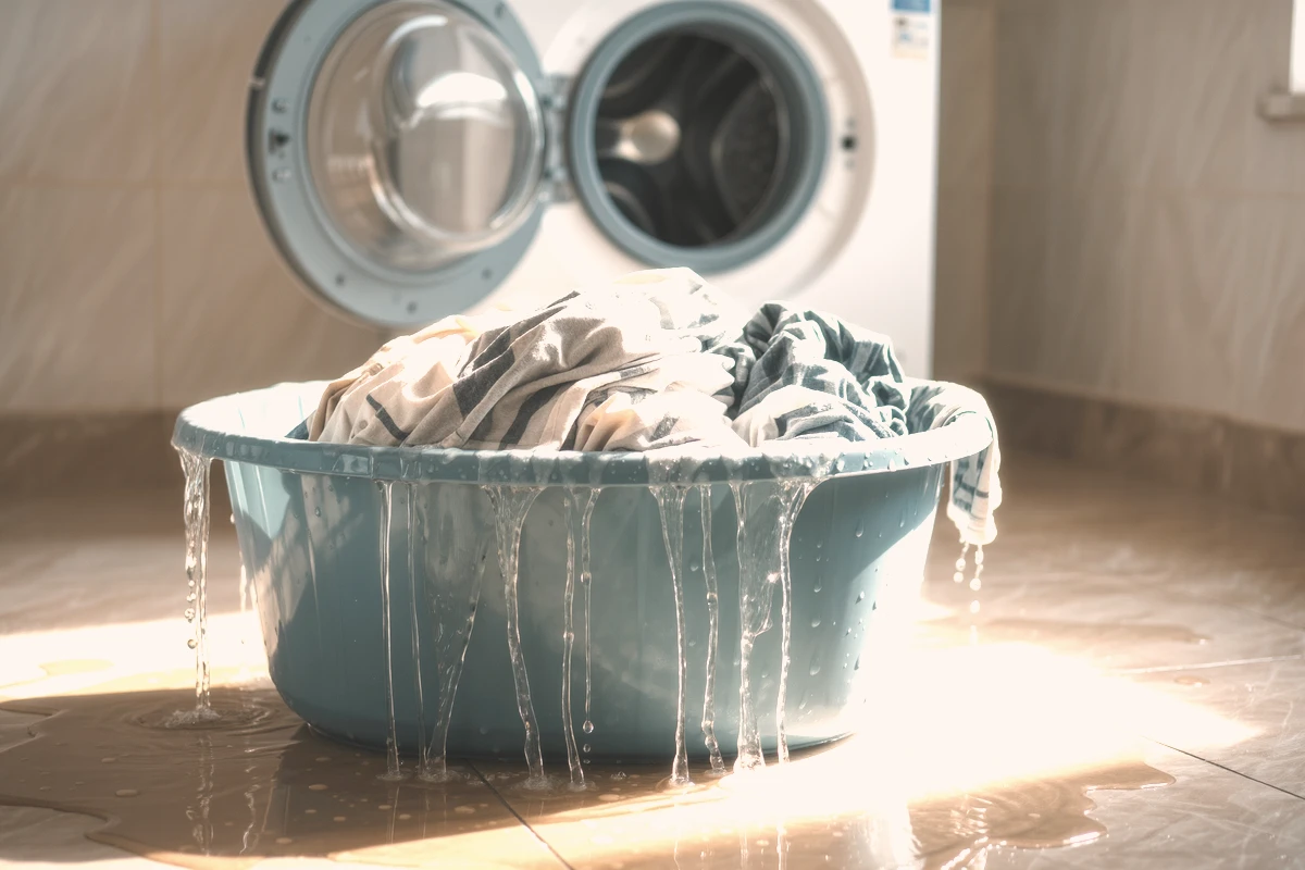 Banyo zemininde leğende sırılsıklam çamaşır, altında biriken su, arkada makinenin açık kapağı