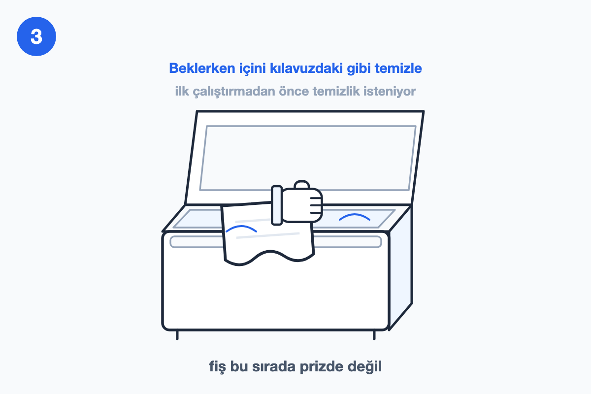 Derin dondurucunun içini nemli bezle silen sade siluet el, kapak açık