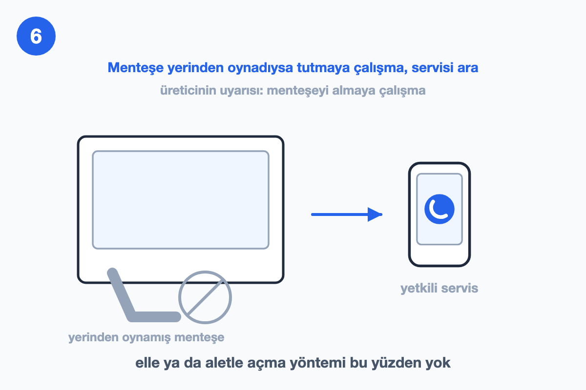 Yerinden oynamış menteşe, yanında uzanmayan el ve telefon simgesi