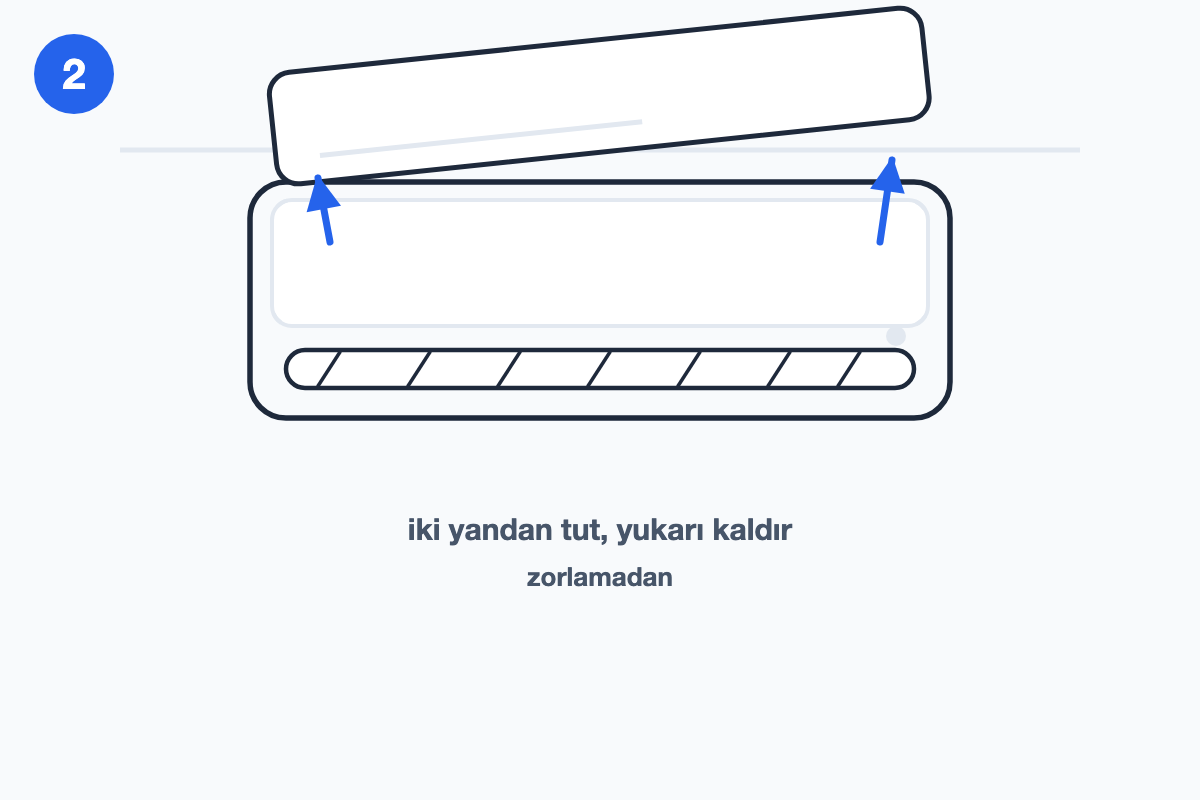 Klima iç ünitesinin ön kapağının iki yandan tutulup yukarı kaldırılışını gösteren çizim