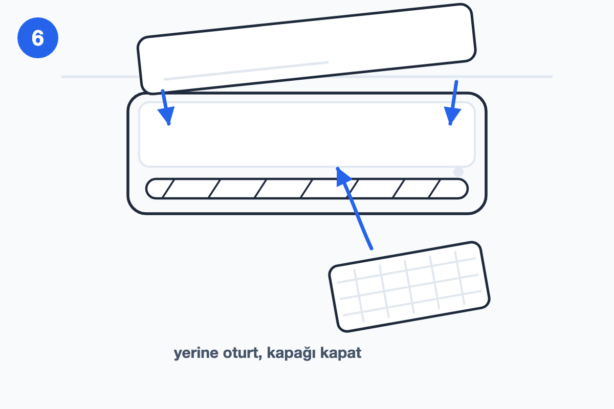 Kuruyan klima filtresinin yerine takılıp ön kapağın kapatılışını gösteren çizim
