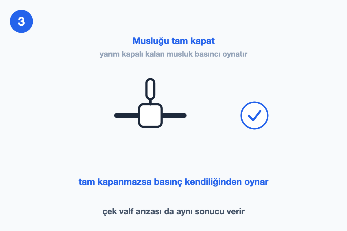 Doldurma musluğunun kolu boruya dik konumda, yani tam kapalı; yanında onay işareti