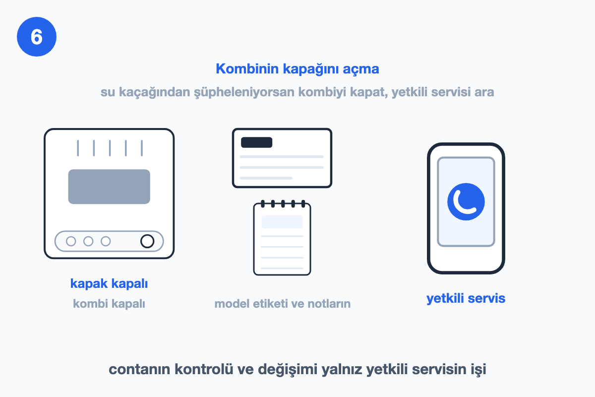 Kapağı kapalı kombi, telefon, model etiketi ve not defteri: servisi aramaya hazır bilgiler