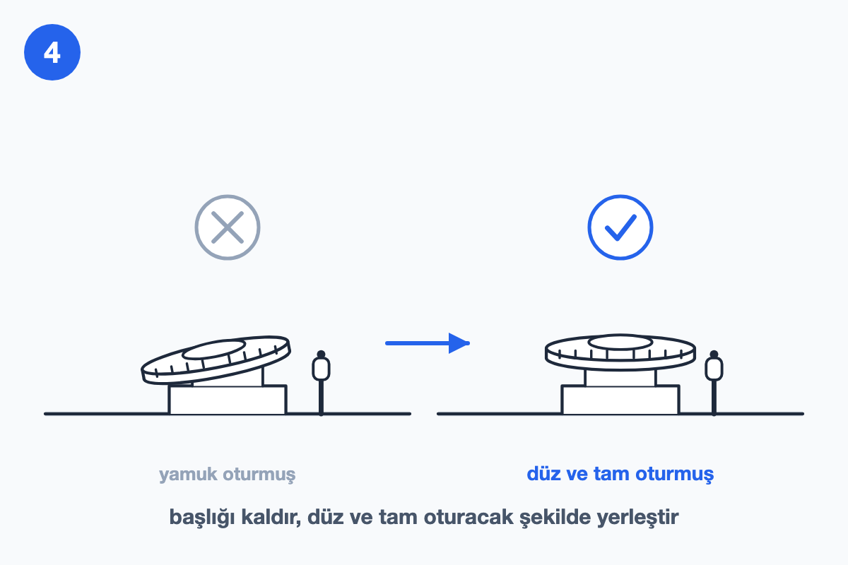 Brülör başlığının kaldırılıp yerine düz ve tam oturacak şekilde yerleştirilişini gösteren çizim